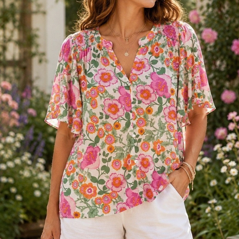 Kim Rogers Floral Boho Peasant Top XL Pink Orange Cottagecore Blouse Romantic